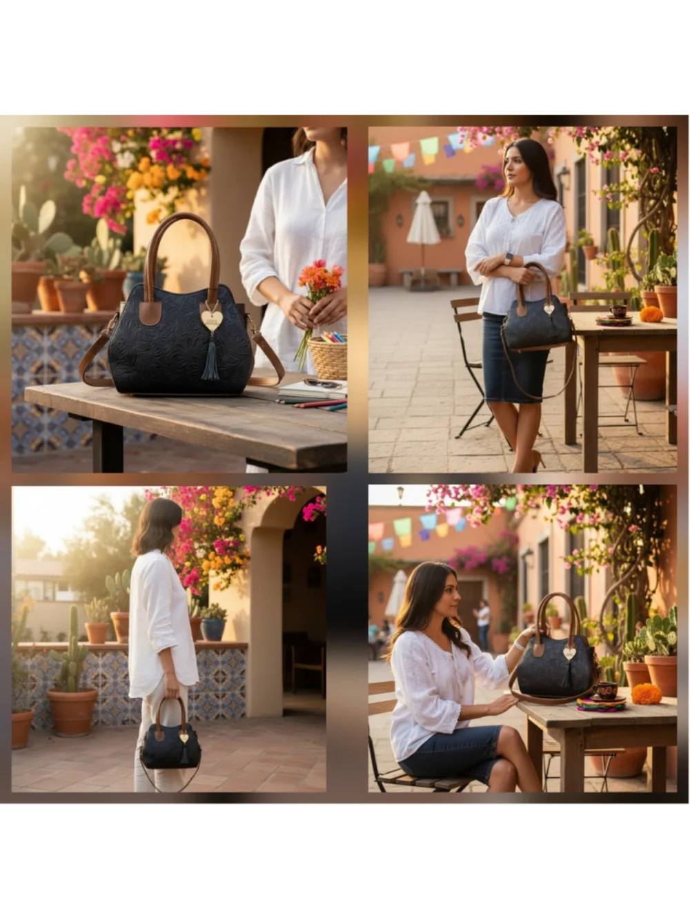 Marine Navy Blue Brown Sunflower Embossed Tooled Artisan LEATHER Hobo Bag Purse